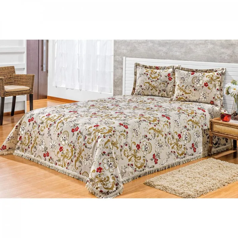 Kit Colcha Queen La Bella 03 Peças Bia Enxovais Floral Bege