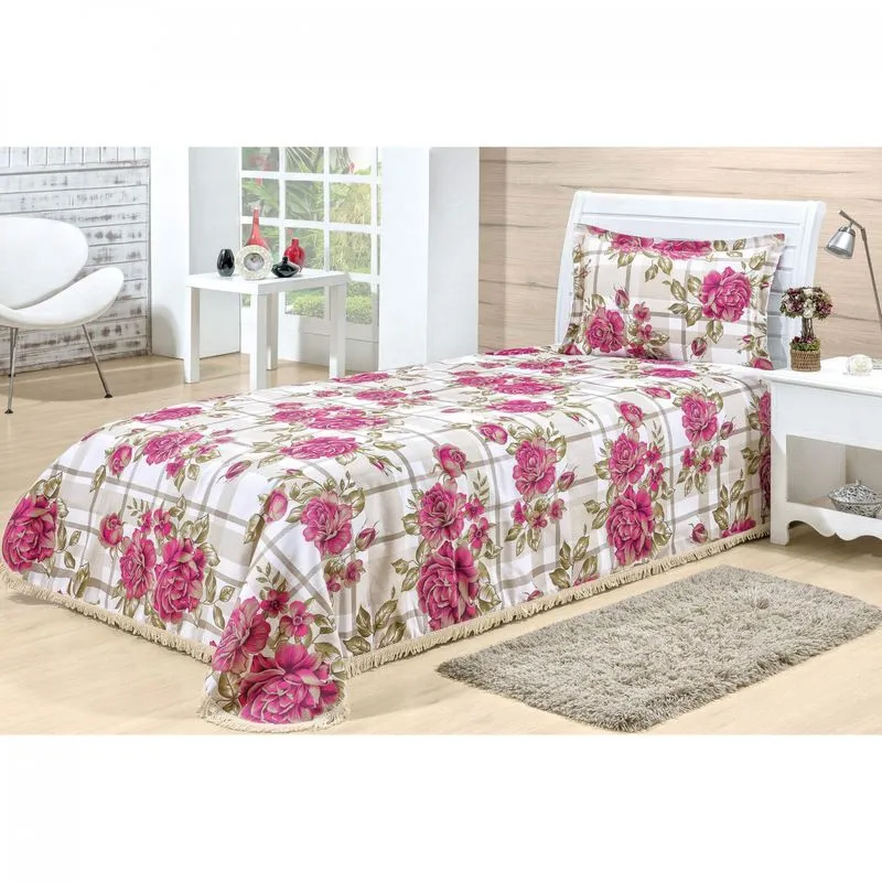 Kit Colcha Solteiro La Bella 02 Peças Bia Enxovais Floral Pink