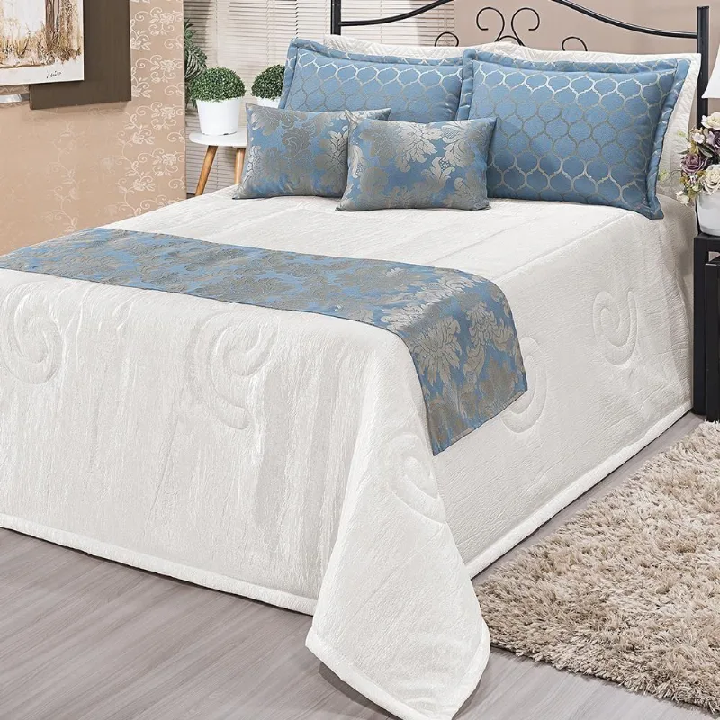 Kit Cobre Leito Jacquard King 10 Peças Seda Amassada Celeste