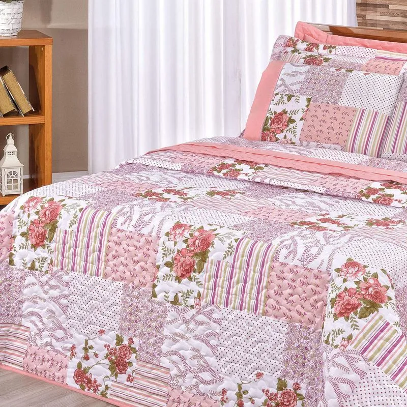 Kit Colcha Solteiro 2 Peças Requinte Bia Enxovais Floral Goiaba