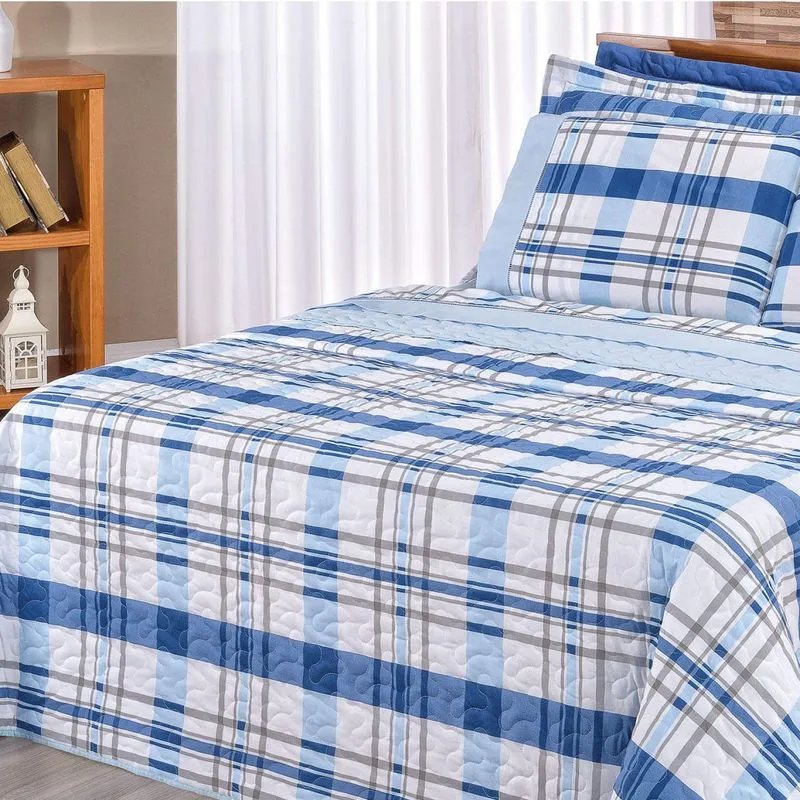 Kit Colcha Solteiro 2 Peças Requinte Bia Enxovais Xadrez Azul