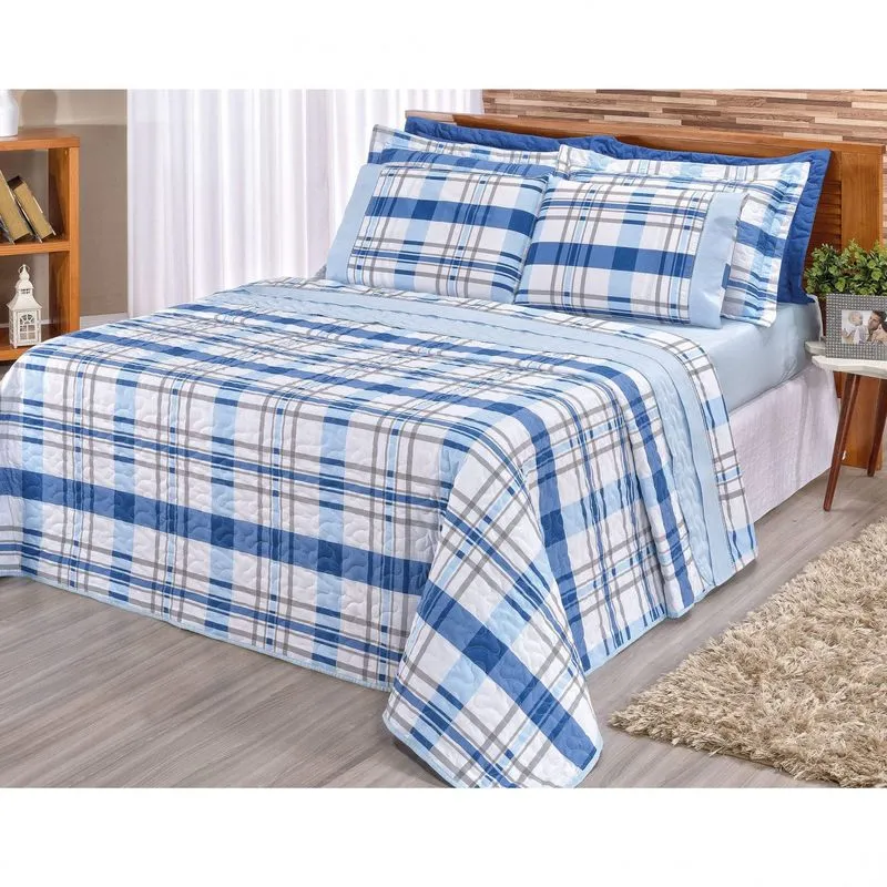 Kit Colcha Casal 3 Peças Requinte Bia Enxovais Xadrez Azul