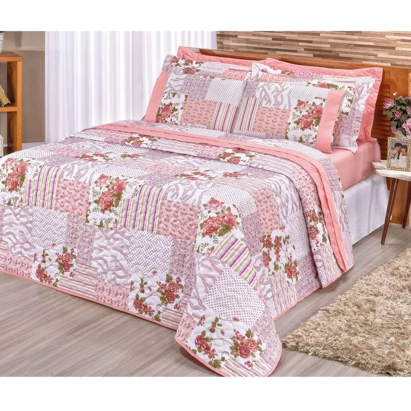 Kit Colcha Queen 3 Peças Requinte Bia Enxovais Floral Goiaba