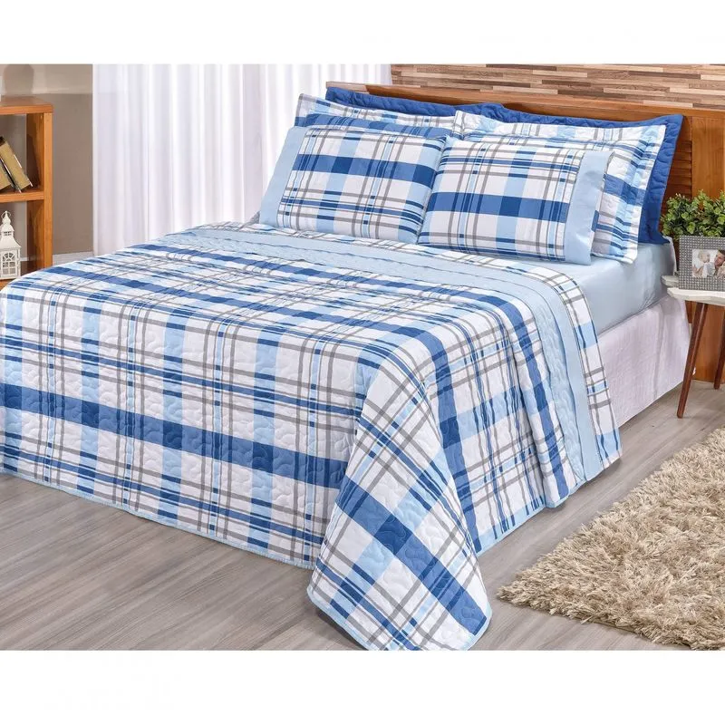 Kit Colcha Queen 3 Peças Requinte Bia Enxovais Xadrez Azul