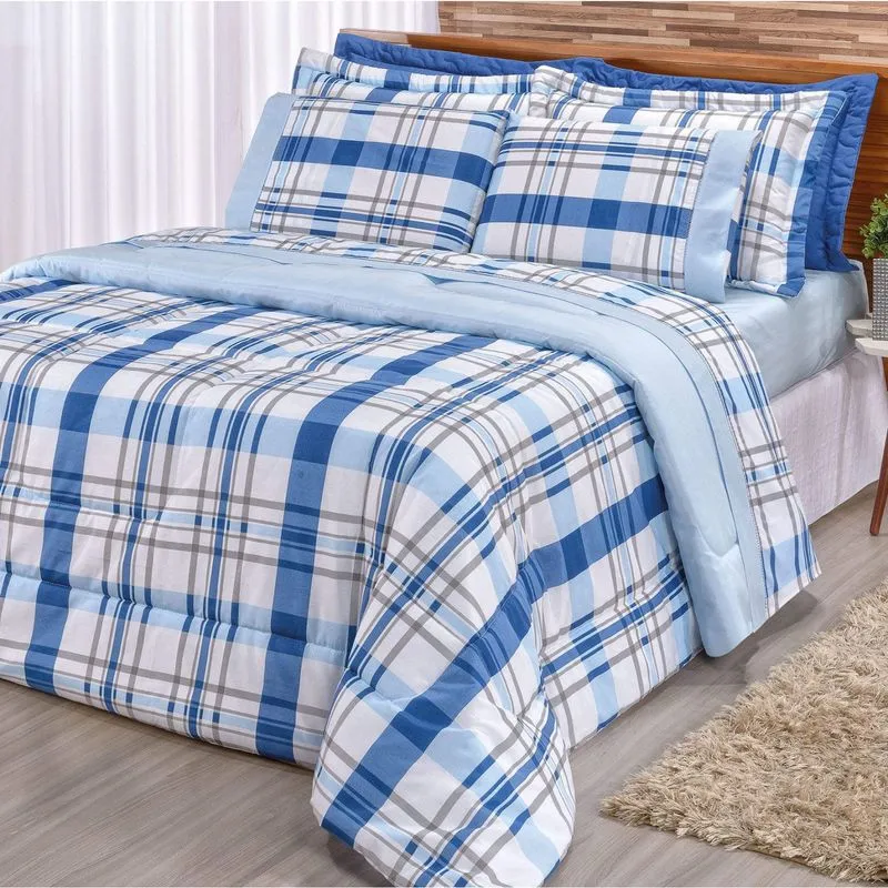 Kit Edredom King Percal 3 Peças Requinte Bia Enxovais Xadrez Azul