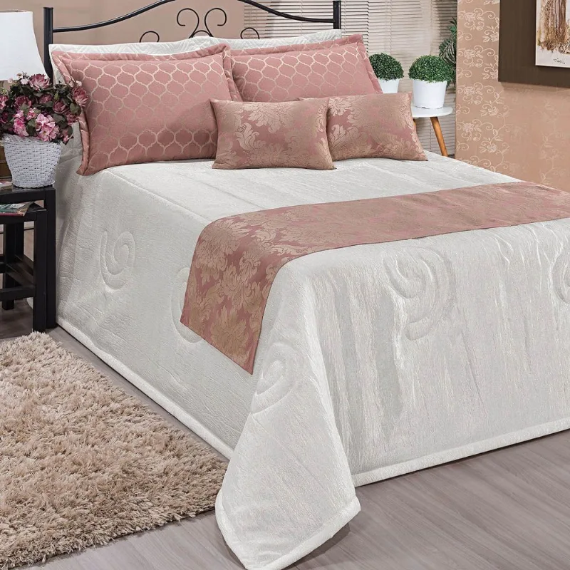 Cobre Leito Casal Queen Viena Tecido Seda Amassada e Jacquard 8 Peças - Palha e Rosê