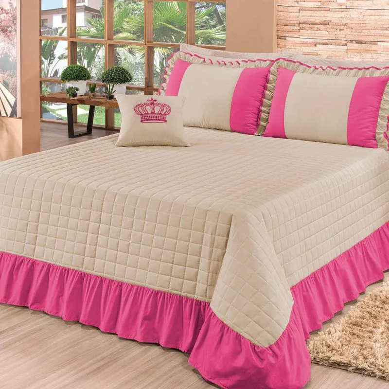 Kit Colcha Queen Charlotte 180 Fios 5 Peças Bia Enxovais Rosa Pink