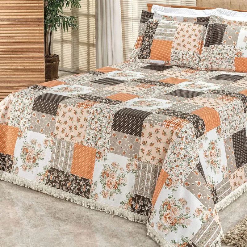 Kit Colcha Casal La Bella 3 Peças Bia Enxovais Patchwork Laranja