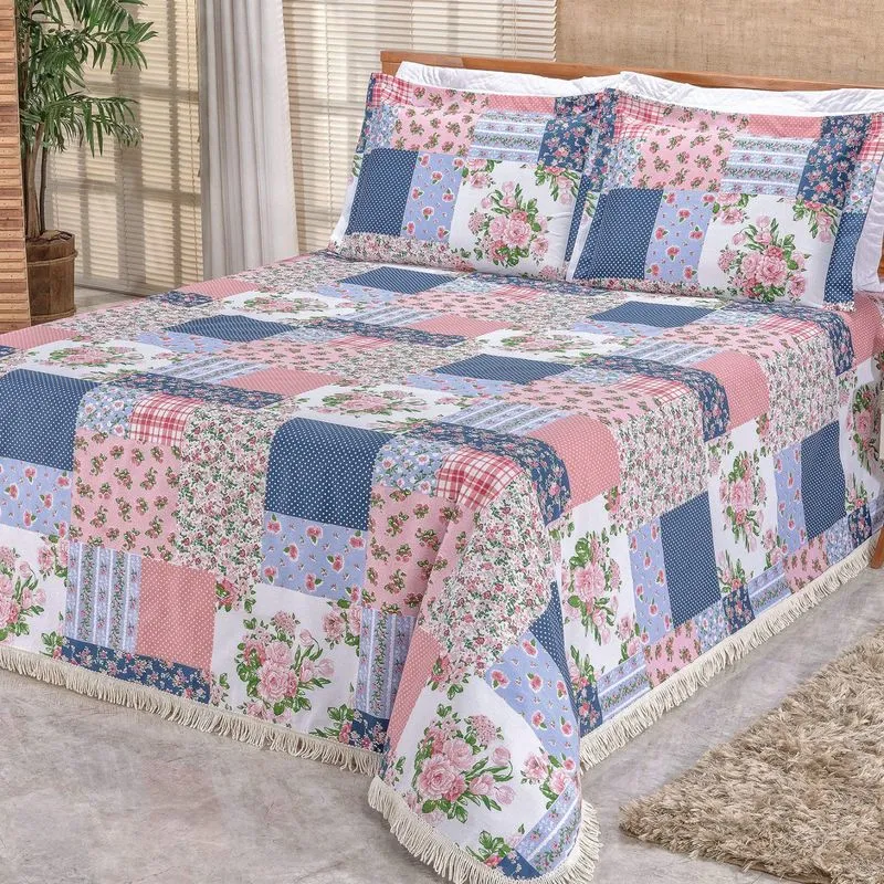 Kit Colcha Casal La Bella 3 Peças Bia Enxovais Patchwork Rosa