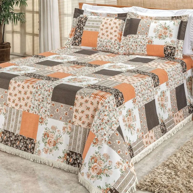 Kit Colcha Queen La Bella 3 Peças Bia Enxovais Patchwork Laranja