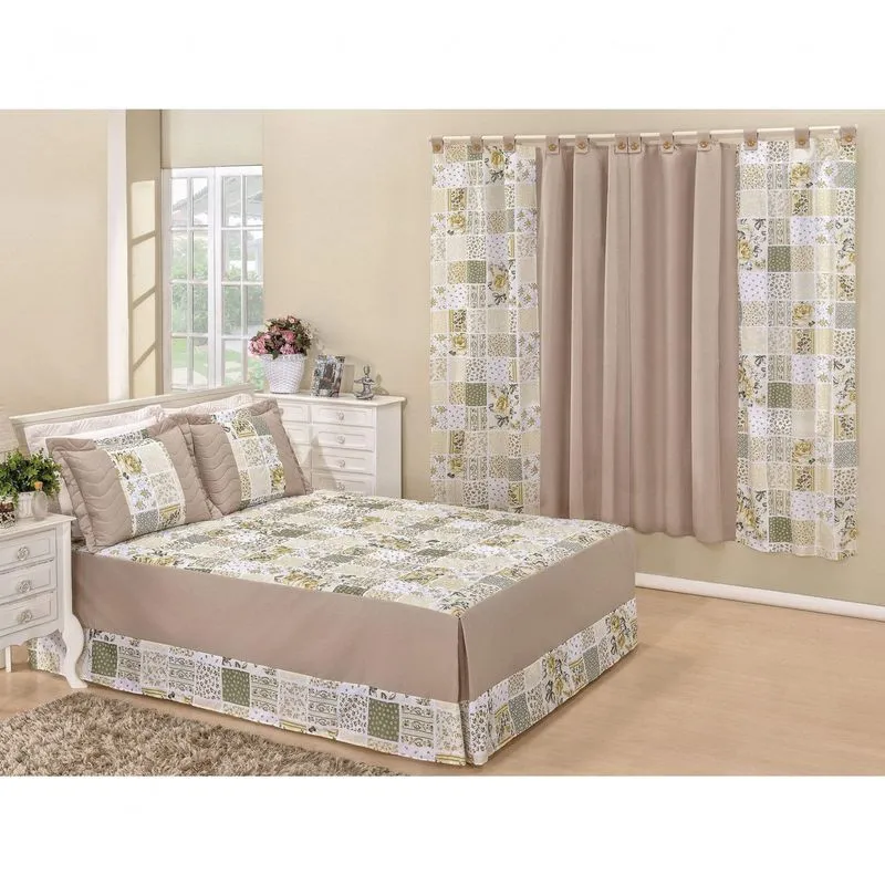 Kit Colcha Queen com Cortina Valentina 4 Peças Bia Enxovais Caqui