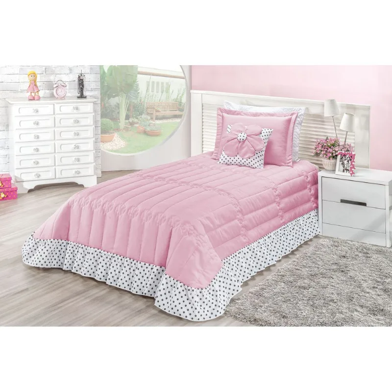 Cobre Leito Solteiro 4 Peças Nina Colcha Rosa