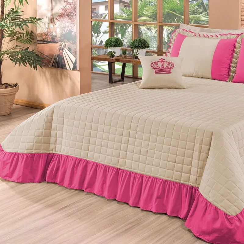 Kit Colcha Solteiro Charlotte Percal Algodão 180 Fios 5 Peças Bia Enxovais Pink