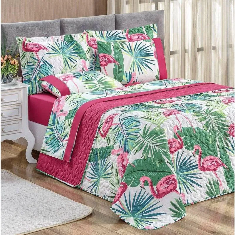 Cobre Leito Estampado Micropercal 200 Fios Naturale Casal 03 Peças - Flamingo
