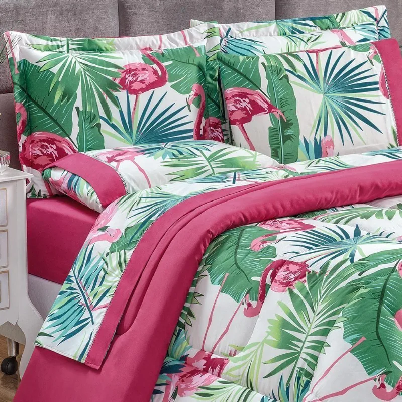 Kit Edredom Estampado Micropercal 200 Fios Naturale Casal 03 Peças - Flamingo