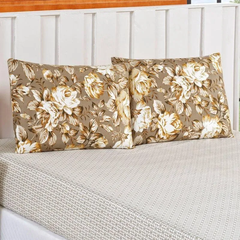 Jogo De Cama Lençol Bouti Estampado Casal Padrão 03 Peças - Floral Caqui