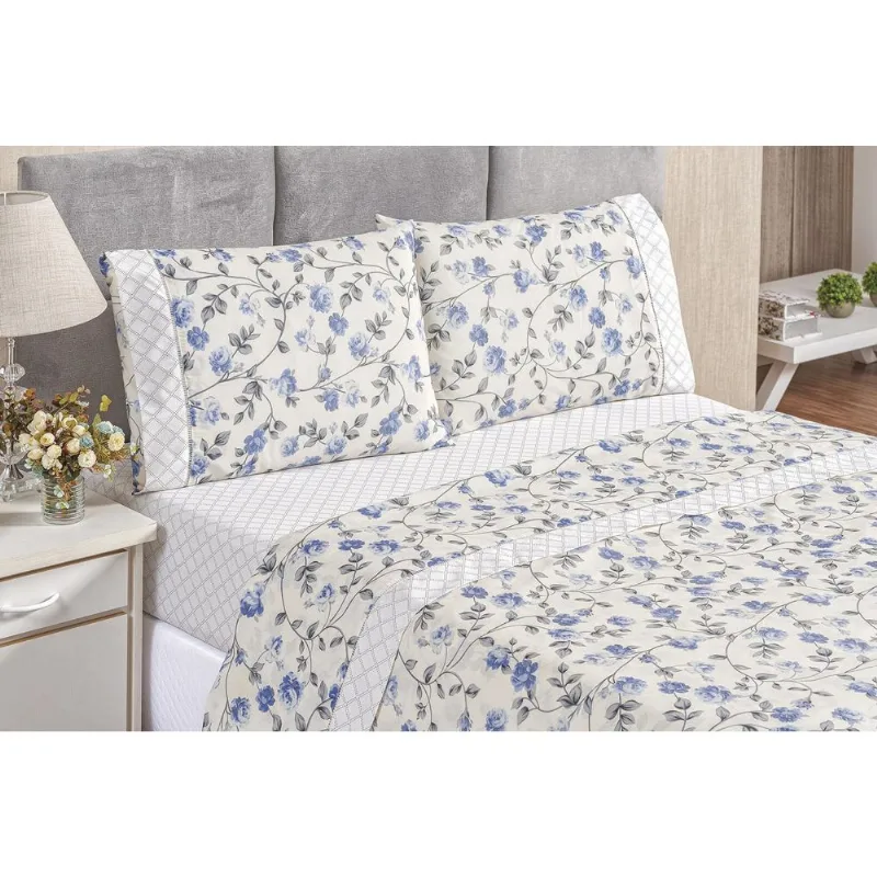 Jogo De Cama Queen Requinte 4 Peças Percal 180 Fios Azul