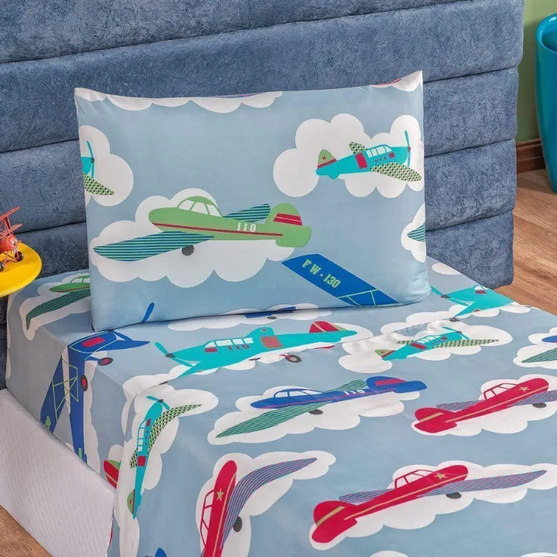Jogo De Cama Lençol Bouti Infantil Kids Solteiro 03 Peças - Avião