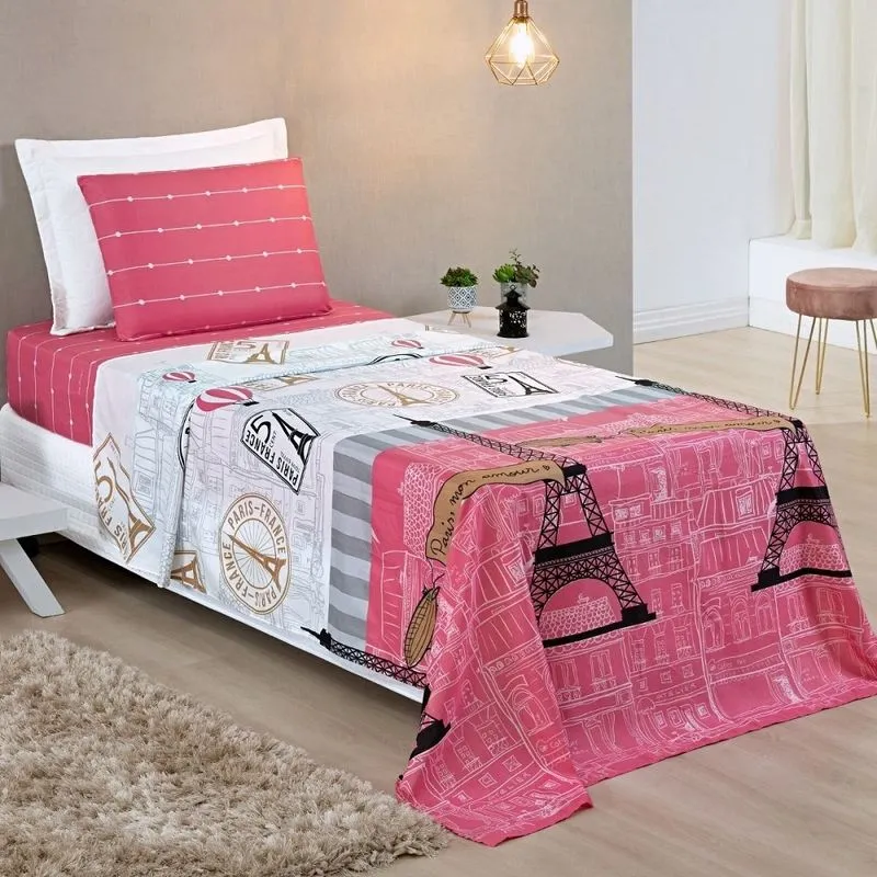Jogo de Lençol Cama Solteiro 3 Peças Infantil Juvenil Paris - Rosa