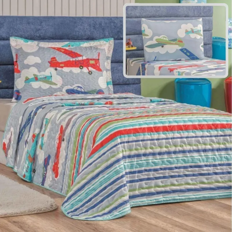 Enxoval Kit Colcha + Jogo De Cama Lençol Bouti Solteiro Infantil Kids 4 Peças - Avião