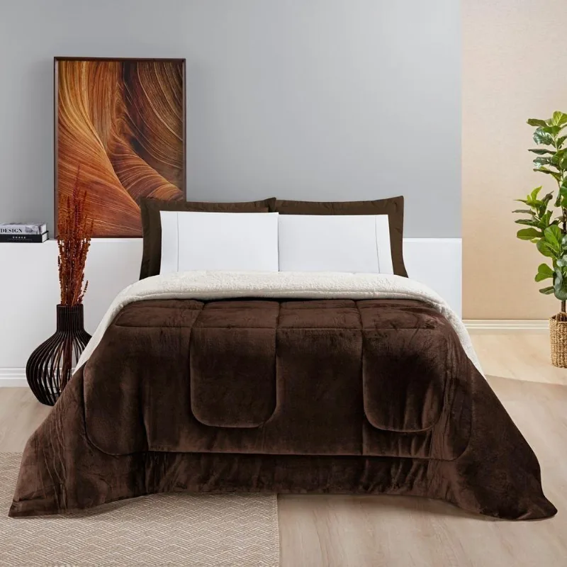 Coberdrom Sherpa E Flannel Everest Solteiro Manta Alta 150g 01 Peça - Marrom