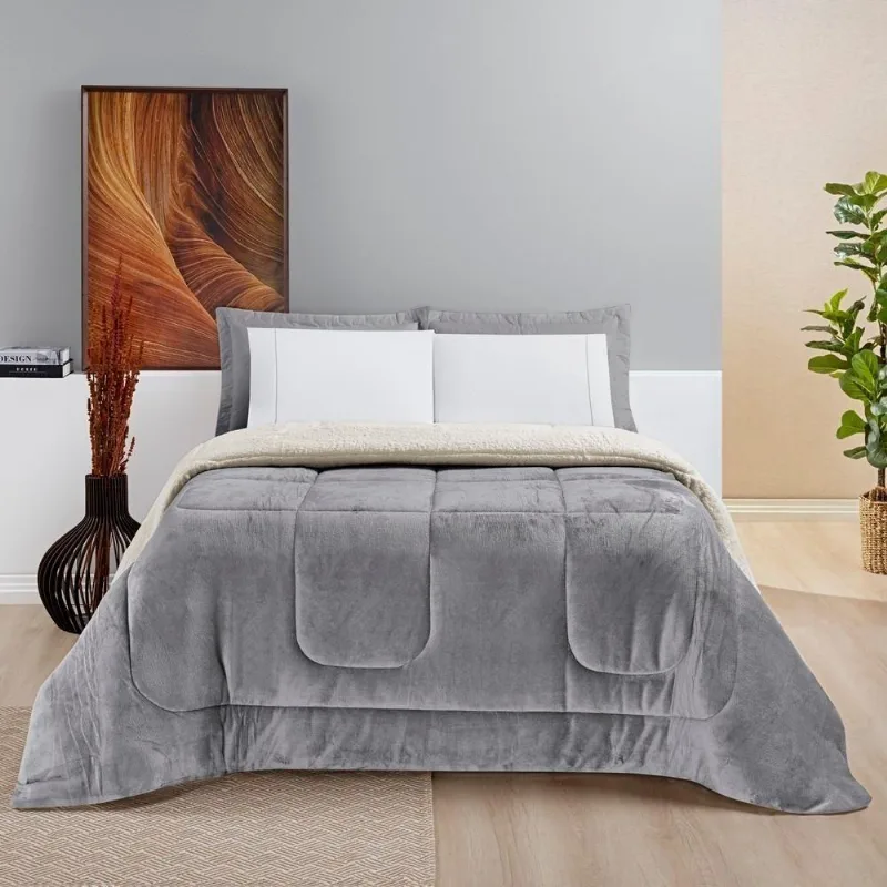 Coberdrom Sherpa E Flannel Everest Casal Manta Alta 150g 01 Peça - Cinza