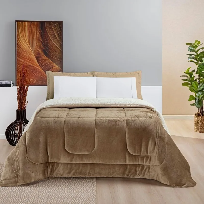 Coberdrom Sherpa E Flannel Everest Casal Manta Alta 150g 01 Peça - Caqui