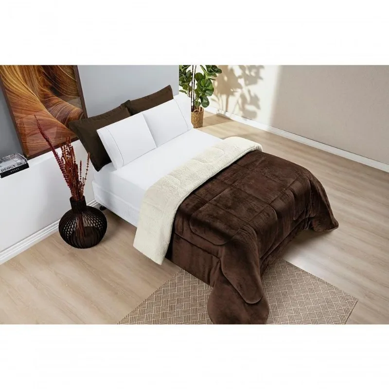 Coberdrom Sherpa E Flannel Everest Queen Manta Alta 150g 01 Peça - Marrom