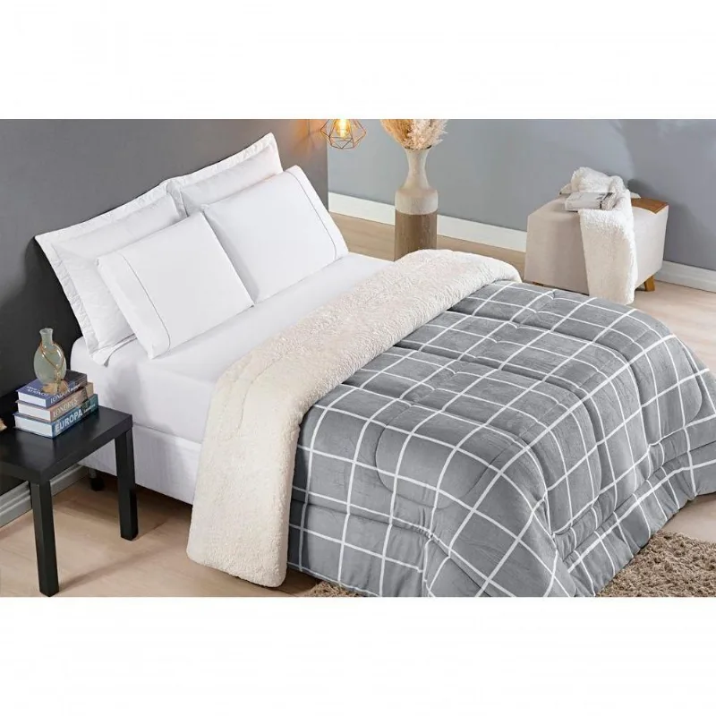 Coberdrom Sherpa E Flannel Austin Casal Padrão Manta 150g 01 Peça - Cinza