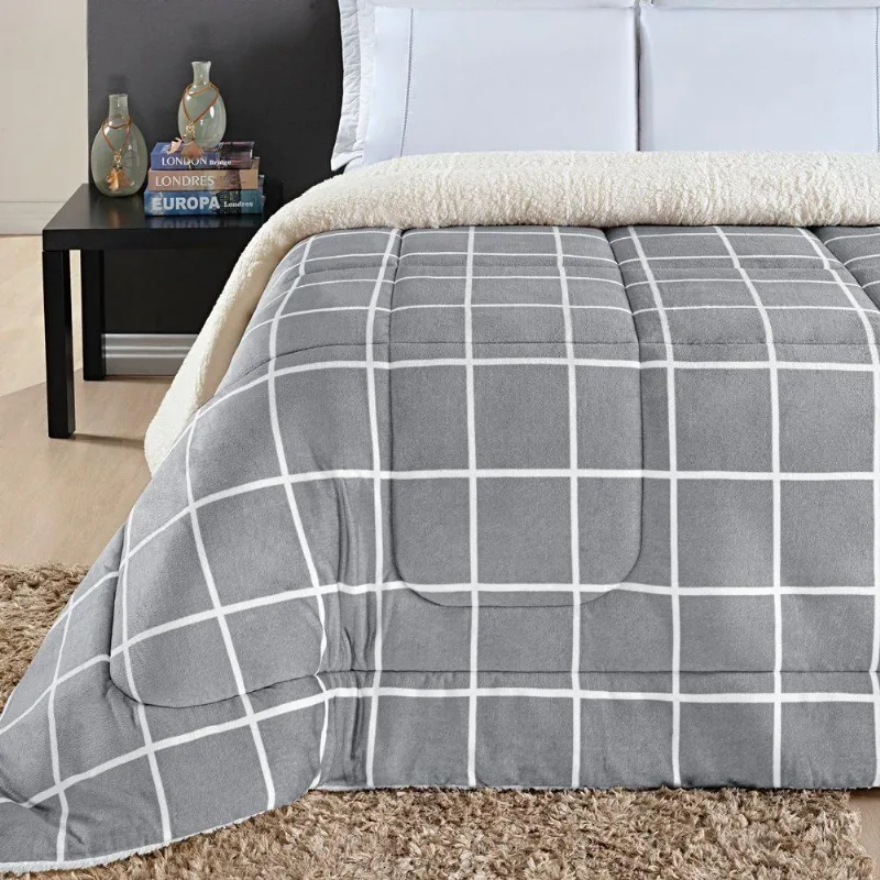 Coberdrom Sherpa E Flannel Austin Queen Manta 150g 01 Peça - Cinza
