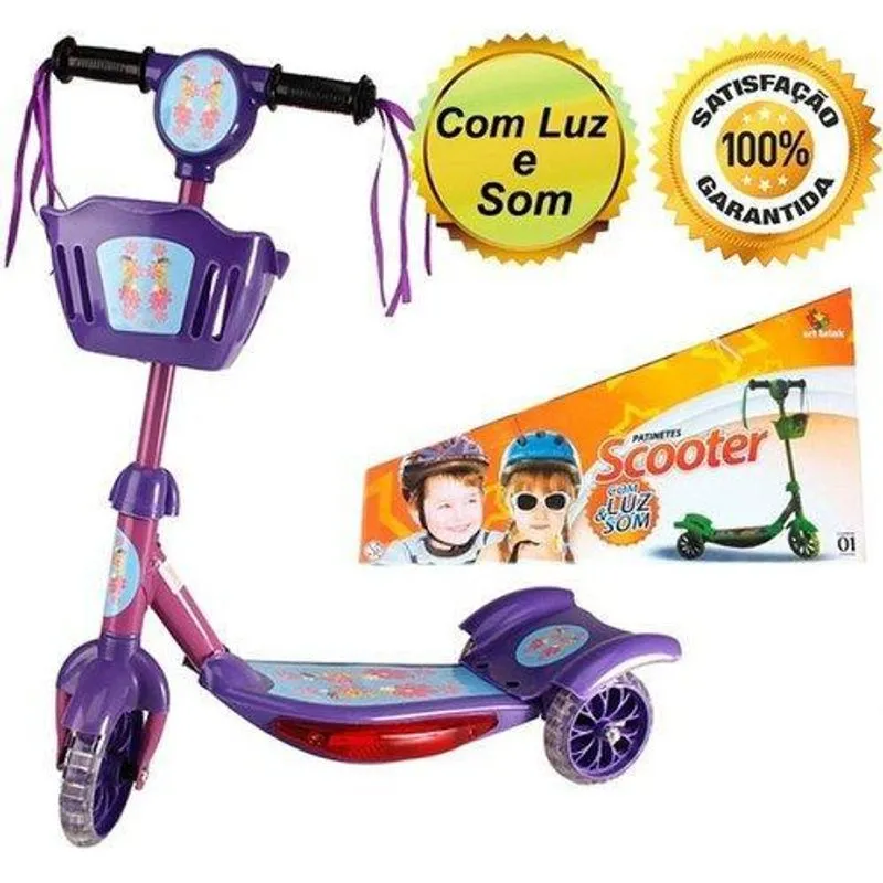 Patinete Com Cesta Infantil Luz E Música Roda Dupla - Roxo