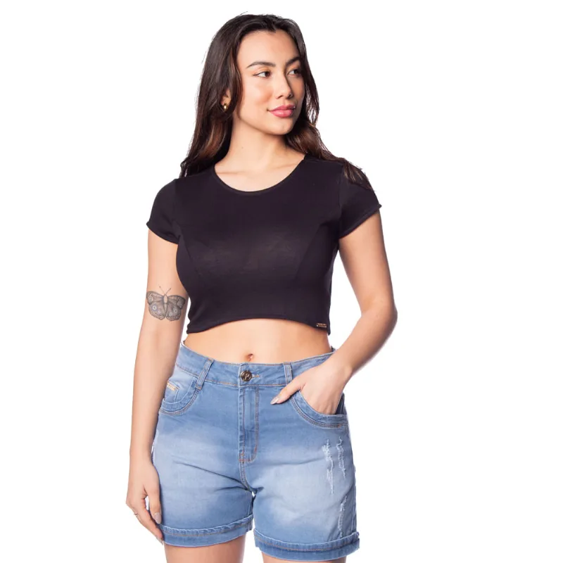 Blusa Cropped Feminina Giraffe Barra Arredondada Preto - M