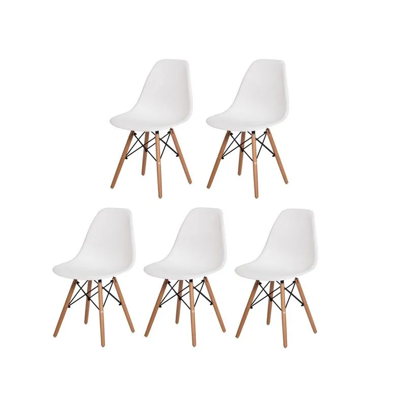 Kit 5 Cadeiras Charles Eames Eiffel Branca Base Madeira Sala Cozinha Jantar