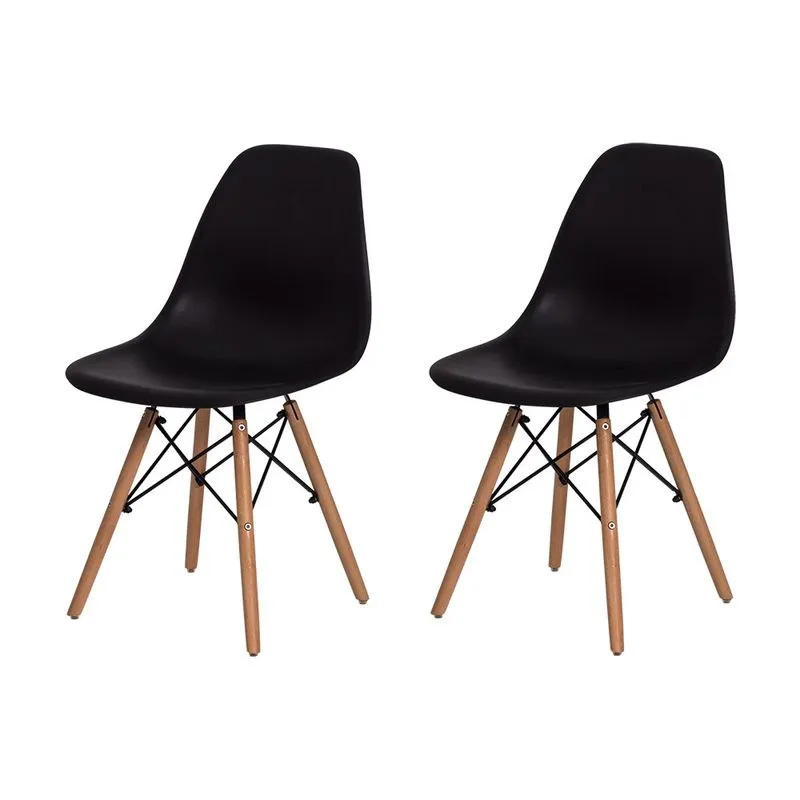 Kit 2 Cadeiras Charles Eames Eiffel Preta Base Madeira Sala Cozinha Jantar
