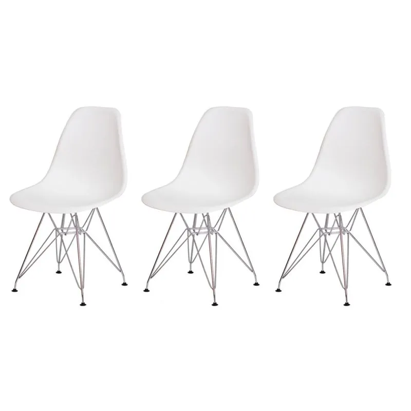 Kit 3 Cadeiras Eiffel Eames Branca Base Cromada