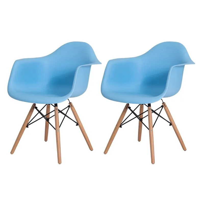 Kit 2 Cadeiras Eiffel Eames DAW c/Braço Azul Claro Base Madeira
