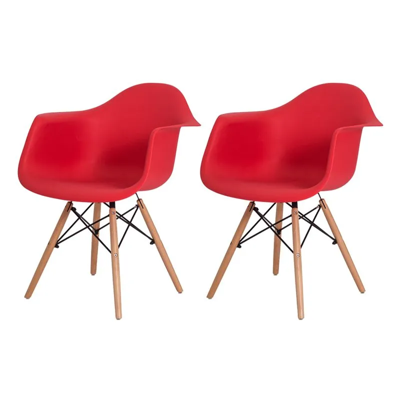 Kit 2 Cadeiras Eiffel Eames DAW c/Braço Vermelha Base Madeira