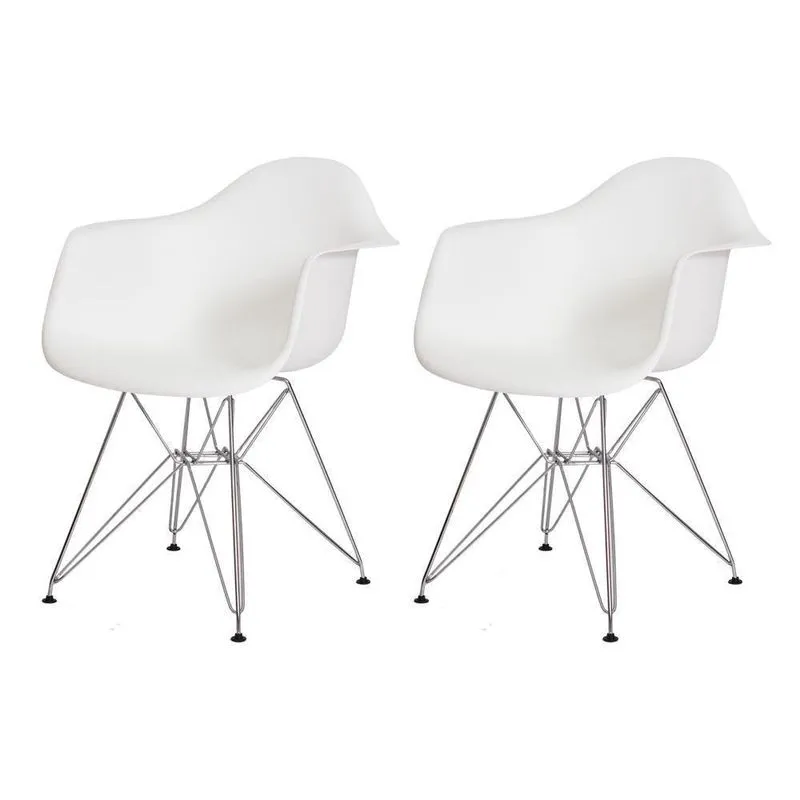 Kit 2 Cadeiras Eiffel Eames Com Braço Base Cromada Branca