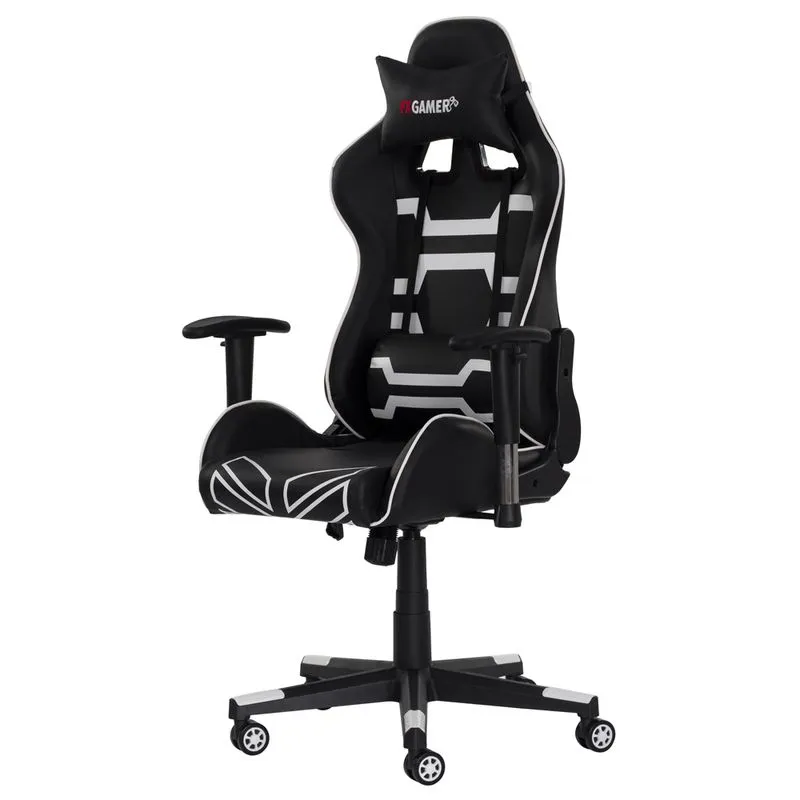 Cadeira FX Gamer Reclinável 180º Giratória Preta com Branco Ajustável Função Relax Rodas Anti Risco