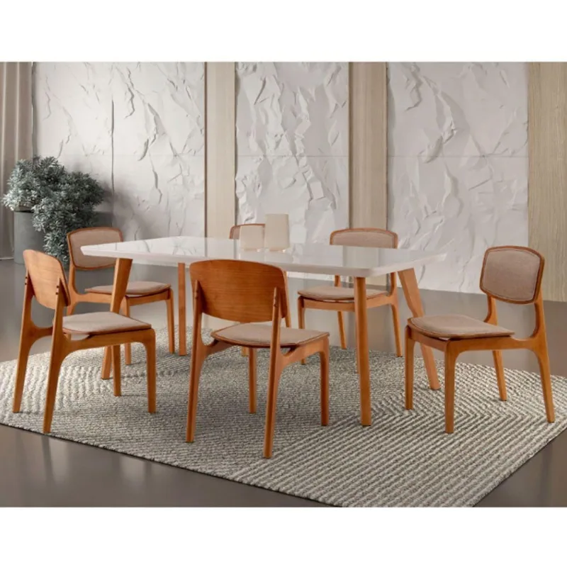 Conjunto Mesa 160cm Com Vidro E 6 Cadeiras Malta Moderna Linho Palha Off White Imbuia - moderna