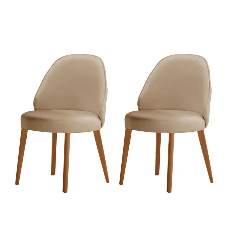 Conjunto Suíça Com 2 Cadeiras Madeira Moderna Mobília Veludo Bege / Imbuia Nat. - moderna