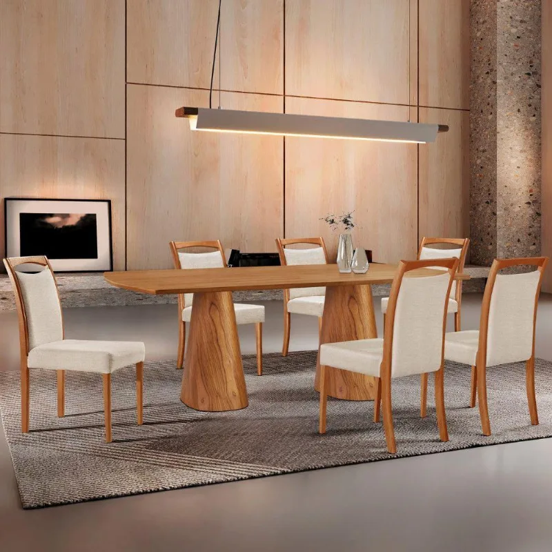 Mesa Noronha 180cm Tampo Laminado Barril Com 6 Cadeiras Livi Linho Off Imbuia Natural