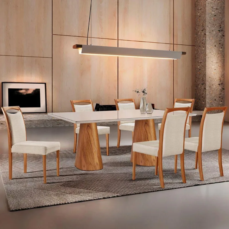 Mesa Noronha 180cm Tampo Com Vidro Laqueado Com 6 Cadeiras Linho Off White Imbuia Natural
