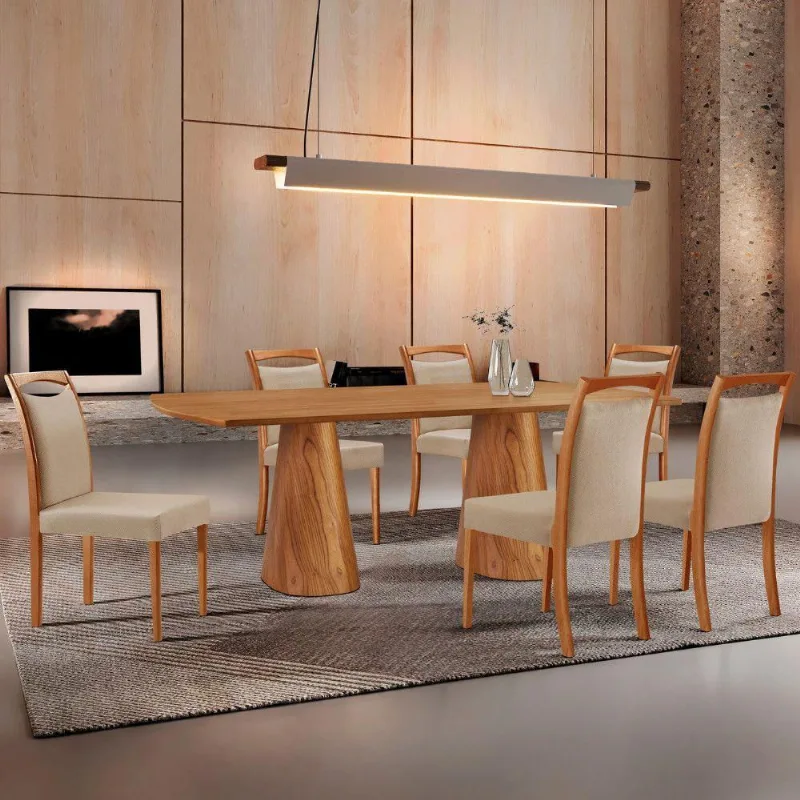 Mesa Noronha 180cm Tampo Laminado Barril Com 6 Cadeiras Livi Linho Premium Imbuia Natural