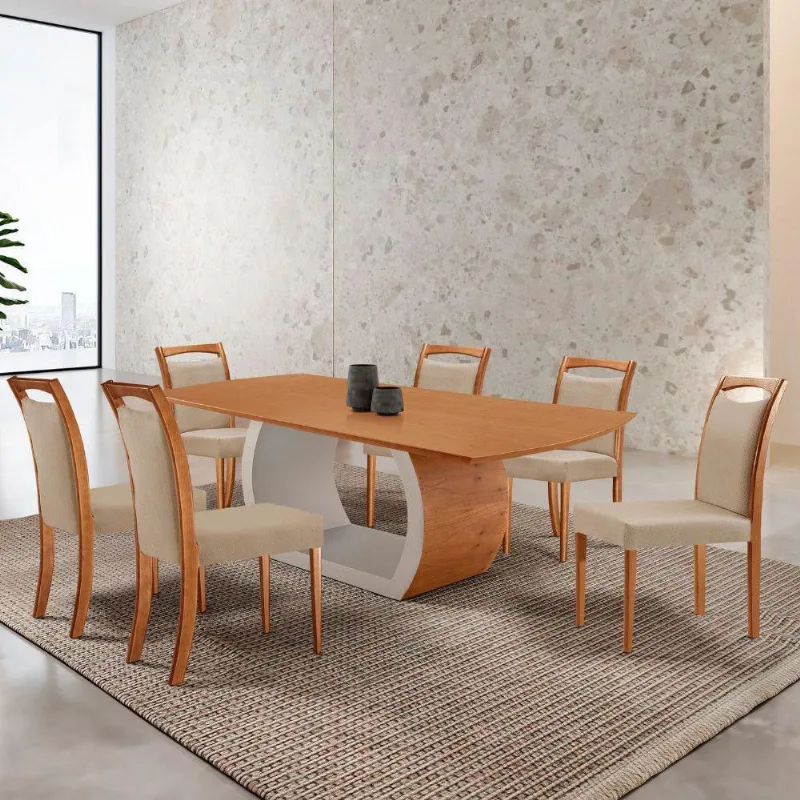 Mesa Zeus 180cm Tampo Laminado Canto Barril Com 6 Cadeiras Linho Premium Imbuia Natural