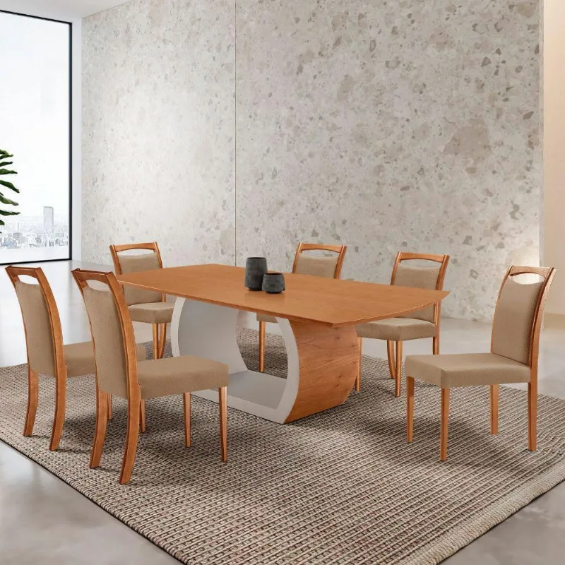 Mesa Zeus 180cm Tampo Laminado Canto Barril Com 6 Cadeiras Linho Palha Imbuia Natural
