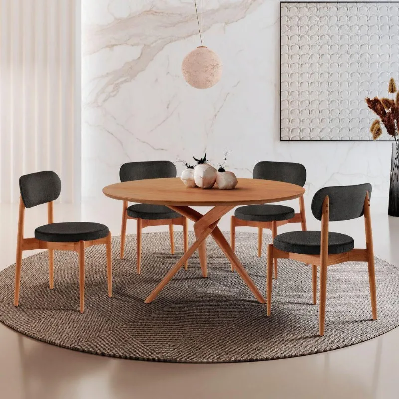 Sala De Jantar Mesa Ballare 120cm Tampo Redondo 4 Cadeiras Linho Preto/imbuia Nat/cinam. Imbuia