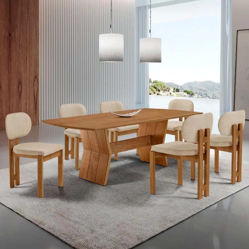 Mesa Portugal Tampo Laminado Barril 6 Cadeiras Nala Mobília Linho Off/imbuia Nat/cinam. Imbuia
