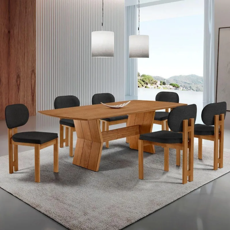 Mesa Portugal Tampo Laminado Barril 6 Cadeiras Nala Moderna Linho Preto/imbuia Nat/cinam. Imbuia - moderna