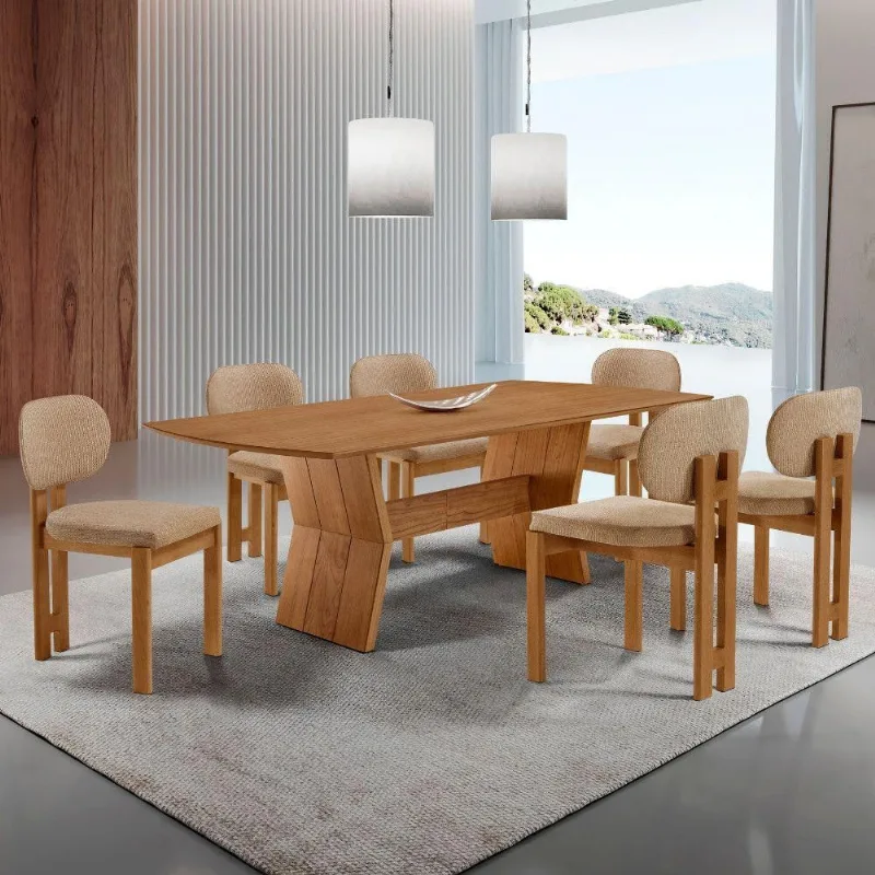 Mesa Portugal Tampo Laminado Barril 6 Cadeiras Nala Moderna Linho Palha/imbuia Nat/cinam. Imbuia - moderna